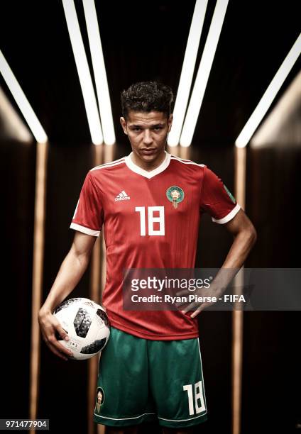 Amine Harit of Morocco poses during the official FIFA World Cup 2018 portrait session on June 10, 2018 in Voronezh, Russia.