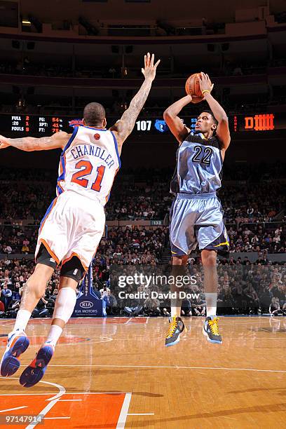 Rudy Gay of the Memphis Grizzlies shoots the basketball against Wilson Chandler of the New York Knicks on February 27, 2010 at Madison Square Garden...