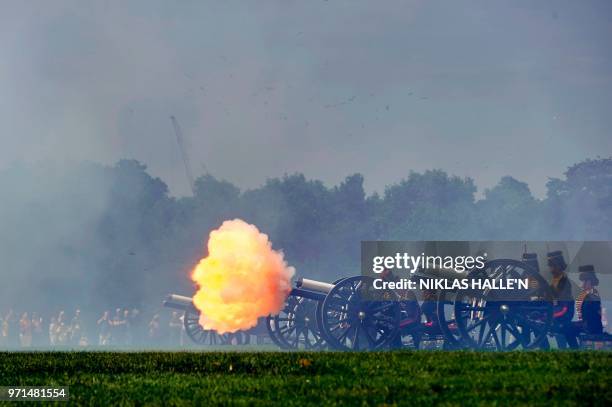 Members of the King's Troop Royal Horse Artillery take part in a 41 Gun Royal Salute to mark the 97th birthday of Britain's Prince Philip, Duke of...