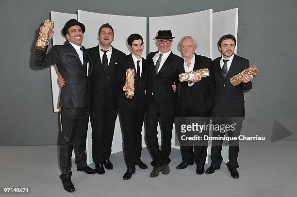 Abdel raouf Dafri, Thomas Bidegain, Tahar Rahim , Jacques Audiard, Niels Arelstrup pose in Awards Room during 35th Cesar Film Awards at Theatre du...