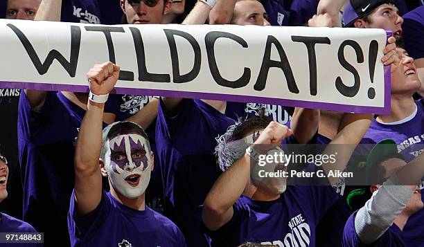 Kansas State Wildcat fans cheer on their Wildcats during a game against the Missouri Tigers on February 27, 2010 at Bramlage Coliseum in Manhattan,...