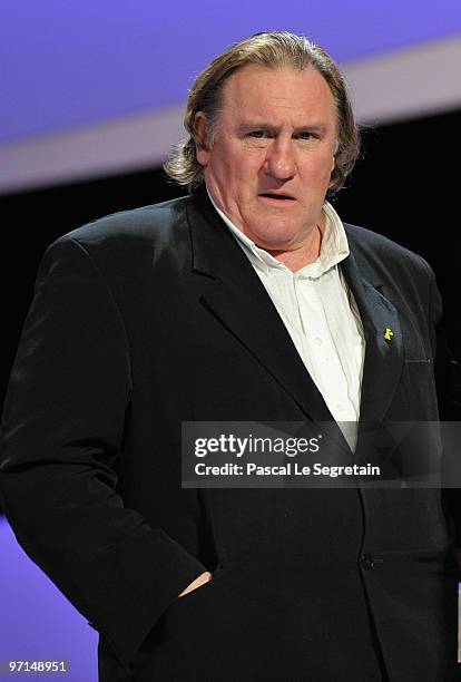 Actor Gerard Depardieu poses on stage during the 35th Cesar Film Awards at the Theatre du Chatelet on February 27, 2010 in Paris, France.