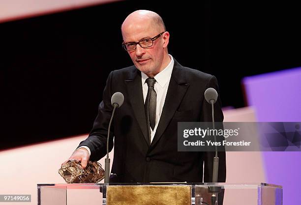 Director Jacques Audiard speaks onstage after he received Best Original Screebplay Cesar Award during the 35th Cesar Film Awards at the Theatre du...