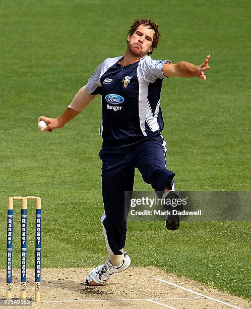 John Hastings of the Bushrangers bowls during the Ford Ranger Cup Final match between the Victorian Bushrangers and the Tasmanian Tigers at the...