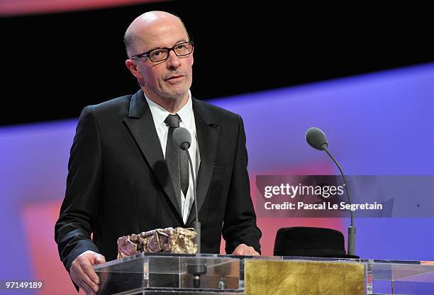 Director Jacques Audiard speaks on stage during the 35th Cesar Film Awards at the Theatre du Chatelet on February 27, 2010 in Paris, France.