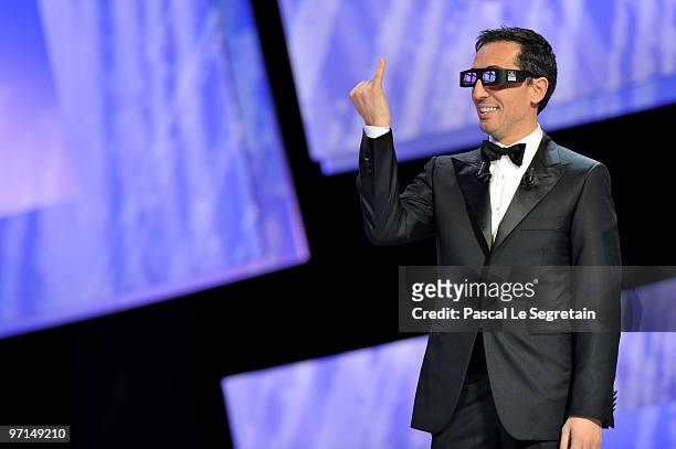 Host Gad Elmaleh performs on stage during the 35th Cesar Film Awards at the Theatre du Chatelet on February 27, 2010 in Paris, France.