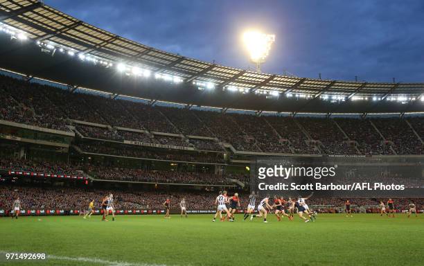 General view during the round 12 AFL match between the Melbourne Demons and the Collingwood Magpies at Melbourne Cricket Ground on June 11, 2018 in...