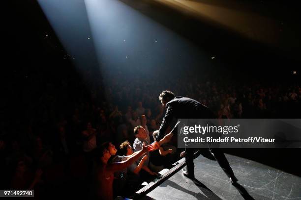 Laurent Gerra performs during "Sans Moderation" Laurent Gerra's One Man Show at Palais des Congres on June 10, 2018 in Paris, France.