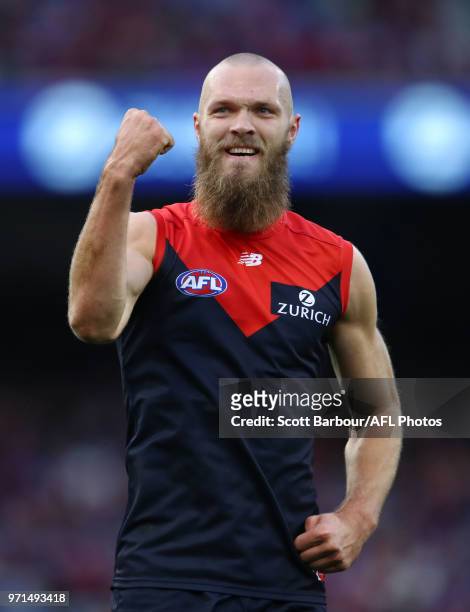 Max Gawn of the Demons celebrates after kicking a goal during the round 12 AFL match between the Melbourne Demons and the Collingwood Magpies at...