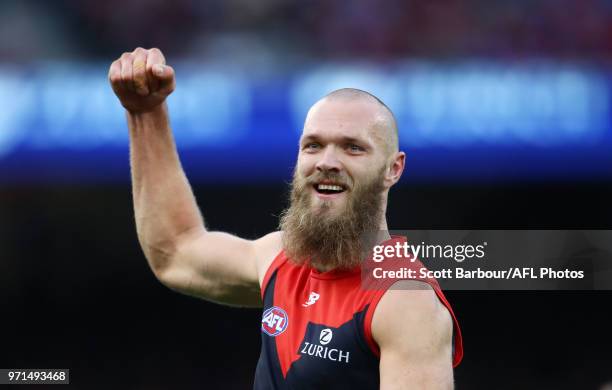 Max Gawn of the Demons celebrates after kicking a goal during the round 12 AFL match between the Melbourne Demons and the Collingwood Magpies at...