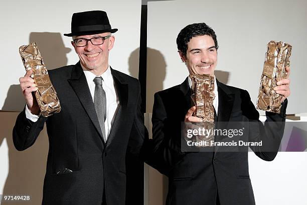 Director Jacques Audiard and actorTahar Rahim pose in Awards room after they received Best Movie Cesar Award, Best Revelation Cesar Award and Best...