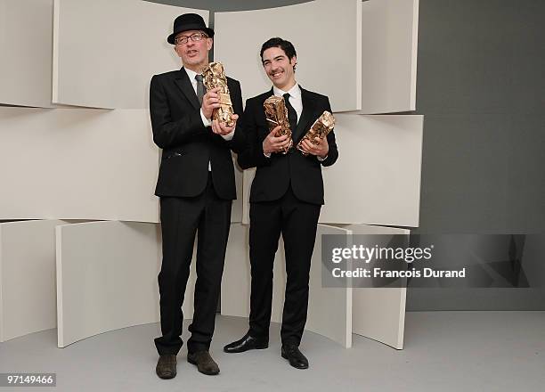 Director Jacques Audiard and actorTahar Rahim pose in Awards room after they received Best Movie Cesar Award, Best Revelation Cesar Award and Best...