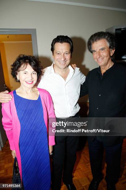 Monique Lang, Laurent Gerra and Jack Lang attend "Sans Moderation" Laurent Gerra's One Man Show at Palais des Congres on June 9, 2018 in Paris,...