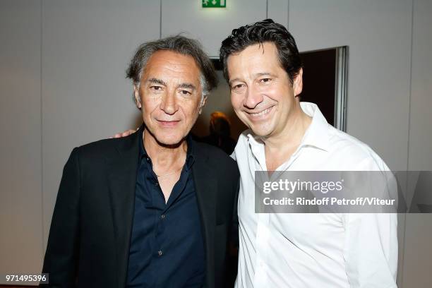 Richard Berry and Laurent Gerra attend "Sans Moderation" Laurent Gerra's One Man Show at Palais des Congres on June 9, 2018 in Paris, France.