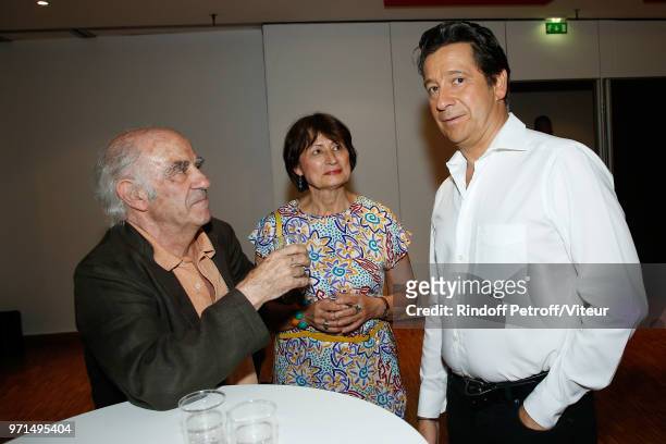 Writer Jacques Henric, Writer Catherine Millet and Laurent Gerra attend "Sans Moderation" Laurent Gerra's One Man Show at Palais des Congres on June...