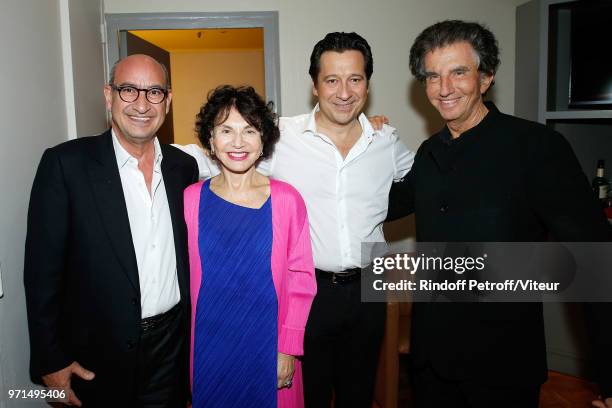 Guest, Monique Lang, Laurent Gerra and Jack Lang attend "Sans Moderation" Laurent Gerra's One Man Show at Palais des Congres on June 9, 2018 in...