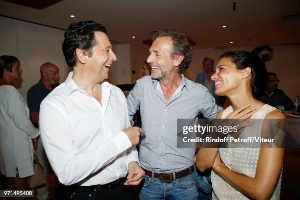 Laurent Gerra, Stephane Freiss and Ursula Freiss attend "Sans Moderation" Laurent Gerra's One Man Show at Palais des Congres on June 9, 2018 in...