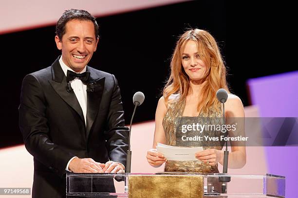 Host Gad Elmaleh and Vanessa Paradis onstage during the 35th Cesar Film Awards held at Theatre du Chatelet on February 27, 2010 in Paris, France.