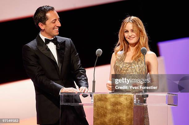 Host Gad Elmaleh and Vanessa Paradis onstage during the 35th Cesar Film Awards held at Theatre du Chatelet on February 27, 2010 in Paris, France.