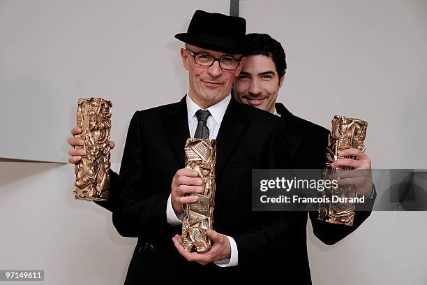 Director Jacques Audiard and actorTahar Rahim pose in Awards room after they received Best Movie Cesar Award, Best Revelation Cesar Award and Best...