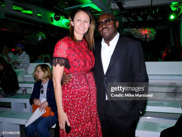 Caroline Rush and Edward Enninful attend attend the Loverboy show during London Fashion Week Men's June 2018 on June 11, 2018 in London, England.