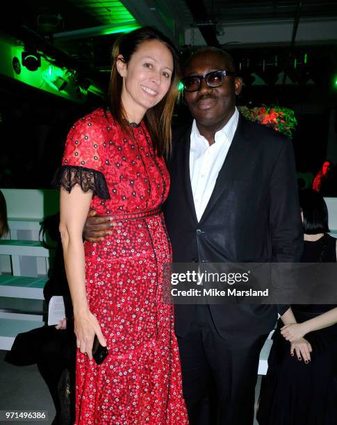 Caroline Rush and Edward Enninful attend attend the Loverboy show during London Fashion Week Men's June 2018 on June 11, 2018 in London, England.