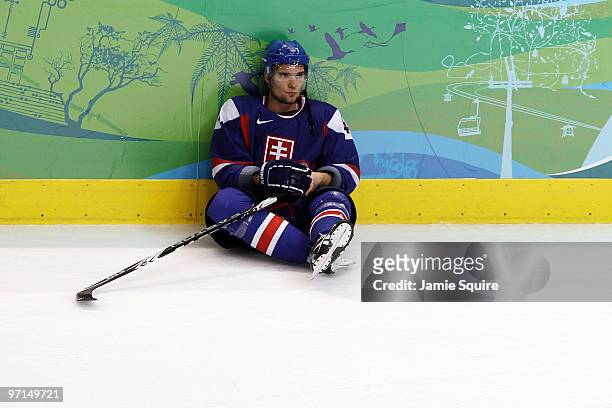 Andrej Sekera of Slovakia looks on after losing to Finland during the ice hockey men's bronze medal game on day 16 of the Vancouver 2010 Winter...
