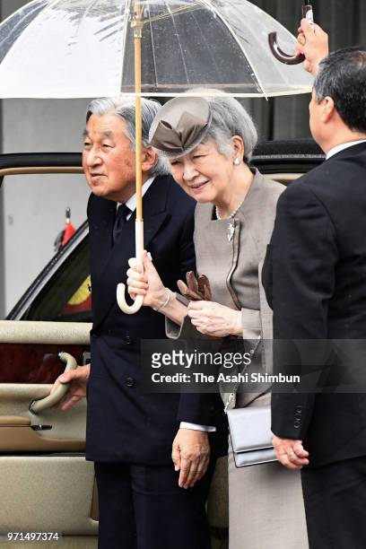 Emperor Akihito and Empress Michiko wave to well-wishers on arrival at the Yuji Koseki Memorial Hall on June 11, 2018 in Fukushima, Japan. This 3-day...