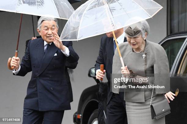 Emperor Akihito and Empress Michiko wave to well-wishers on arrival at the Yuji Koseki Memorial Hall on June 11, 2018 in Fukushima, Japan. This 3-day...