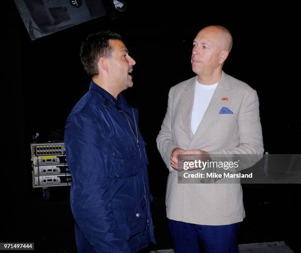 Paul Wilkinson and Dylan Jones attend the Barbour International show during London Fashion Week Men's June 2018 on June 11, 2018 in London, England.