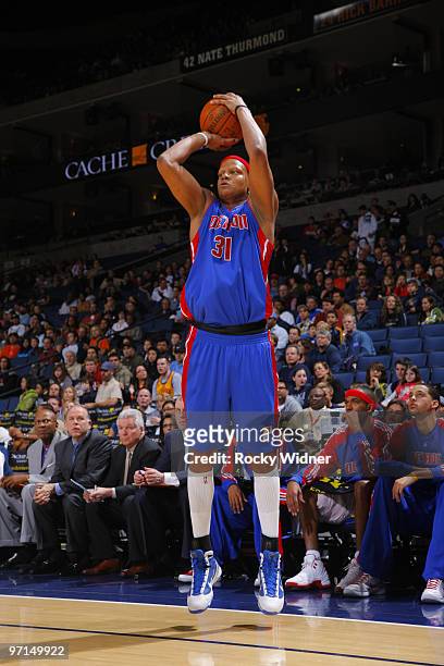 Charlie Villanueva of the Detroit Pistons shoots a long range jumper against the Golden State Warriors on February 27, 2010 at Oracle Arena in...