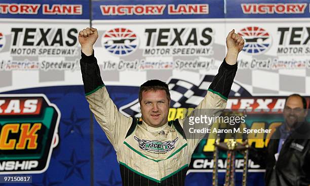 Reilly Auto Parts SUPR Late Model driver Jack Sullivan of the car celebrates in victory lane after winning the Texas World Dirt Track O'Reilly Auto...