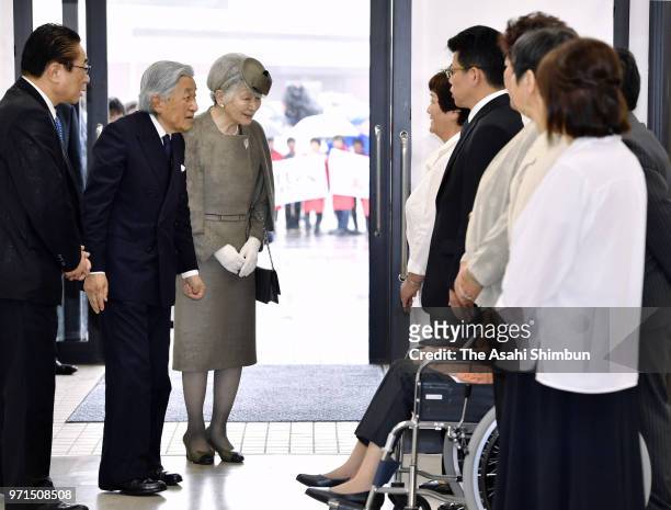 Emperor Akihito and Empress Michiko visit the Soma Harakama Wholesale Market on June 11, 2018 in Soma, Fukushima, Japan. This 3-day trip could be the...