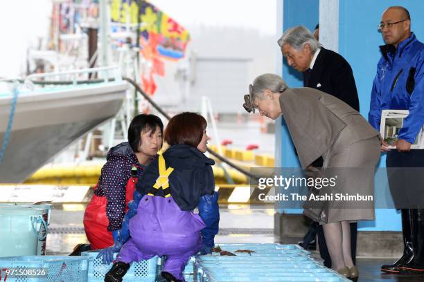 Emperor Akihito and Empress Michiko visit the Soma Harakama Wholesale Market on June 11, 2018 in Soma, Fukushima, Japan. This 3-day trip could be the...