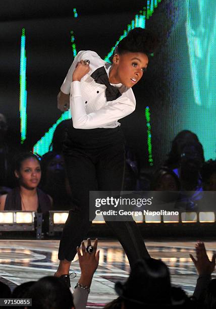 Janelle Monae performs at the BET's Rip The Runway 2010 at the Hammerstein Ballroom on February 27, 2010 in New York City.