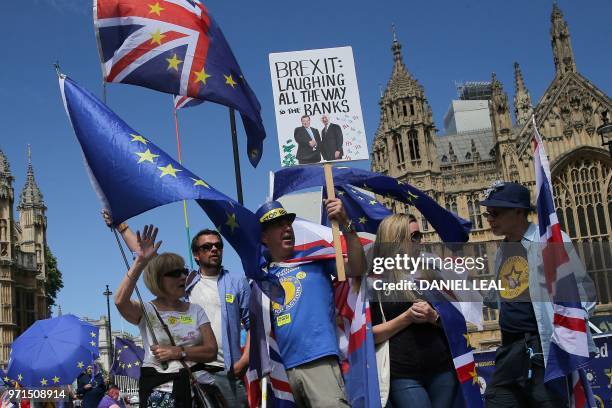 Pro-EU demonstrator holds a placard bearing an image of the co-founder of the pro-Brexit campaign group Leave.EU, Aaron Banks, and Russia's President...