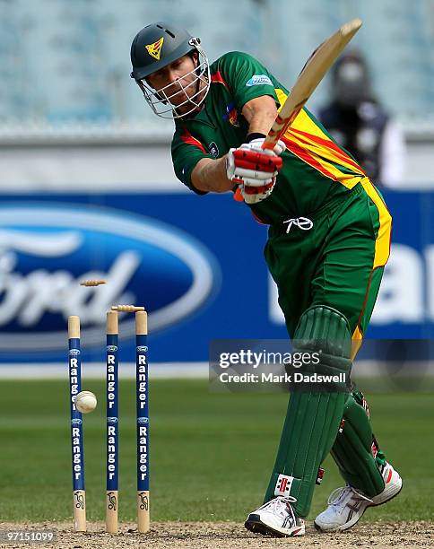 Michael Dighton of the Tigers is bowled by John Hastings of the Bushranger during the Ford Ranger Cup Final match between the Victorian Bushrangers...