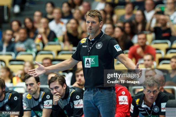 Head coach Christian Prokop of Germany gestures during the handball International friendly match between Germany and Norway at Olympiahalle on June...