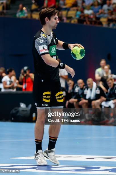 Fabian Wiede of Germany controls the ball during the handball International friendly match between Germany and Norway at Olympiahalle on June 6, 2018...