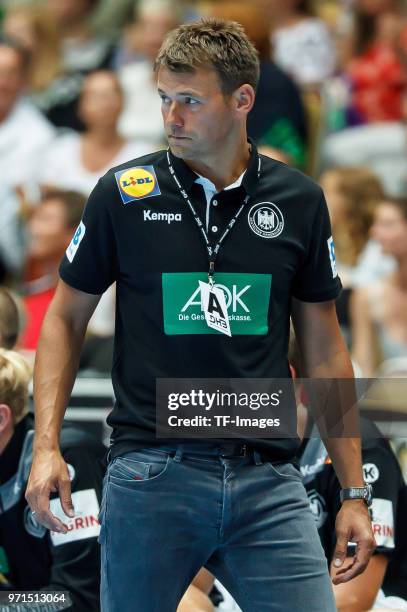 Head coach Christian Prokop of Germany looks on during the handball International friendly match between Germany and Norway at Olympiahalle on June...