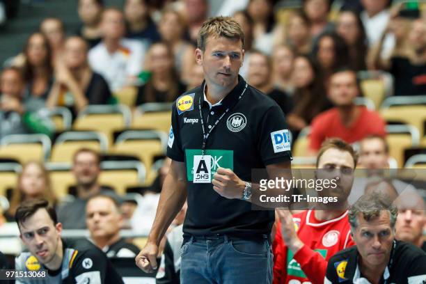 Head coach Christian Prokop of Germany gestures during the handball International friendly match between Germany and Norway at Olympiahalle on June...