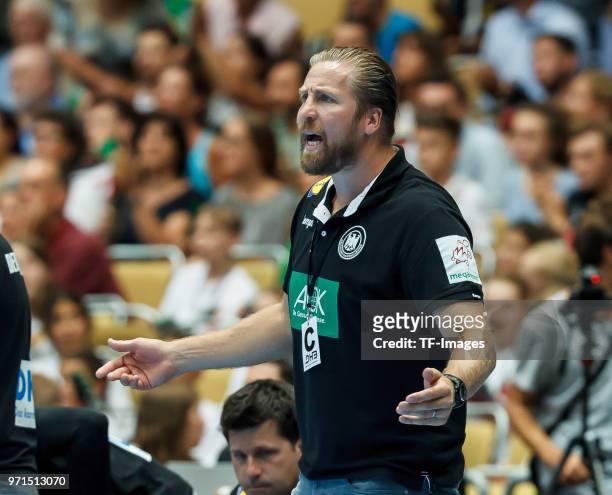 Manager Oliver Roggisch of Germany gestures during the handball International friendly match between Germany and Norway at Olympiahalle on June 6,...