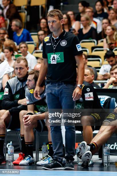 Head coach Christian Prokop of Germany looks on during the handball International friendly match between Germany and Norway at Olympiahalle on June...