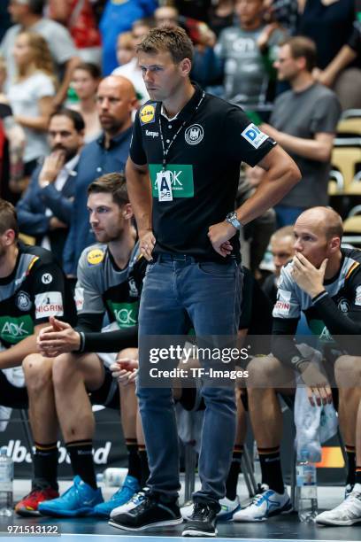 Head coach Christian Prokop of Germany looks on during the handball International friendly match between Germany and Norway at Olympiahalle on June...