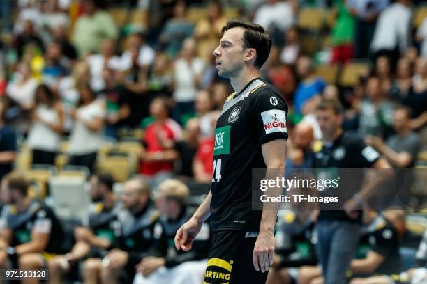 Patrick Groetzki of Germany looks on during the handball International friendly match between Germany and Norway at Olympiahalle on June 6, 2018 in...