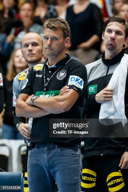 Head coach Christian Prokop of Germany looks on during the handball International friendly match between Germany and Norway at Olympiahalle on June...