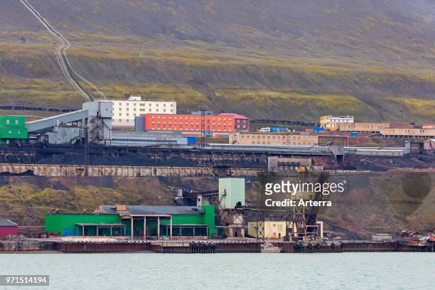 Coal mining buildings at Barentsburg, Russian coal mining settlement at Isfjorden, Spitsbergen / Svalbard, Norway.