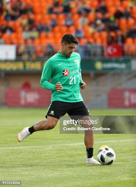 Dimitrios Petratos of Australia passes the ball during an Australian Socceroos training session ahead of the FIFA World Cup 2018 in Russia at Stadium...