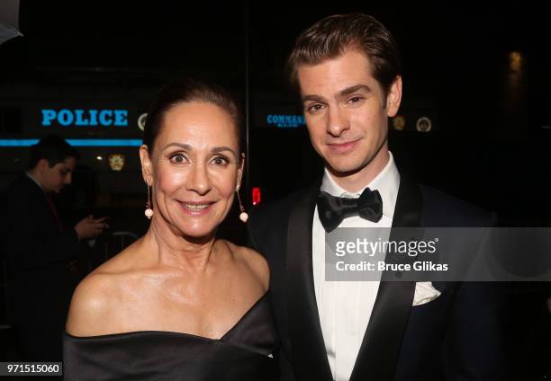 Laurie Metcalf and Andrew Garfield pose at the 2018 O&M Private Tony After Party at The Carlysle Hotel on June 10, 2018 in New York City.