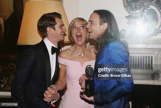 Andrew Garfield, Marianne Elliot and Jordan Roth chat at the 2018 O&M Private Tony After Party at The Carlysle Hotel on June 10, 2018 in New York...